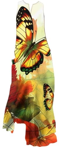 Ocean Plus Damen Muster Maxikleid V-Ausschnitt Kleid mit Stecktaschen und Weitem Rock (S, Orangefarbener Schmetterling) von Ocean Plus
