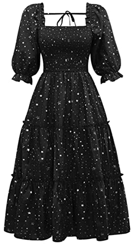 Ocean Plus Damen Neckholder Laternenärmel Blumenkleid mit eckigem Ausschnitt und Puffärmeln Plisseekleid mit Rüschen und mittleren Ärmeln (L (EU 38),Schwarzer Sternenhimmel) von Ocean Plus