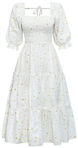 Ocean Plus Damen Neckholder Laternenärmel Blumenkleid mit eckigem Ausschnitt und Puffärmeln Plisseekleid mit Rüschen und mittleren Ärmeln (L (EU 38),Weiß) von Ocean Plus