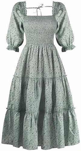 Ocean Plus Damen Neckholder Laternenärmel Blumenkleid mit eckigem Ausschnitt und Puffärmeln Plisseekleid mit Rüschen und mittleren Ärmeln (XL (EU 40),Dunkelgrün) von Ocean Plus