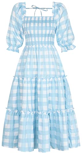 Ocean Plus Damen Neckholder Laternenärmel Blumenkleid mit eckigem Ausschnitt und Puffärmeln Plisseekleid mit Rüschen und mittleren Ärmeln (XL (EU 40),Himmelblau) von Ocean Plus