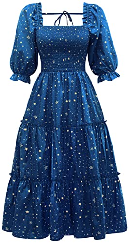 Ocean Plus Damen Neckholder Laternenärmel Blumenkleid mit eckigem Ausschnitt und Puffärmeln Plisseekleid mit Rüschen und mittleren Ärmeln (XL (EU 40),Navy blau) von Ocean Plus