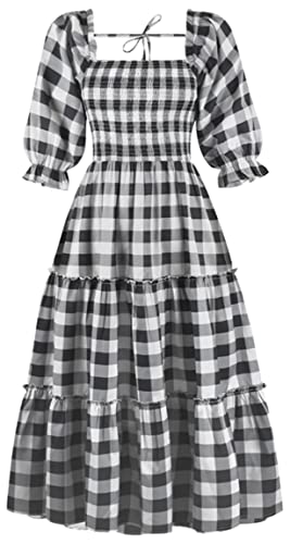 Ocean Plus Damen Neckholder Laternenärmel Blumenkleid mit eckigem Ausschnitt und Puffärmeln Plisseekleid mit Rüschen und mittleren Ärmeln (XL (EU 40),Schwarz und weiß) von Ocean Plus