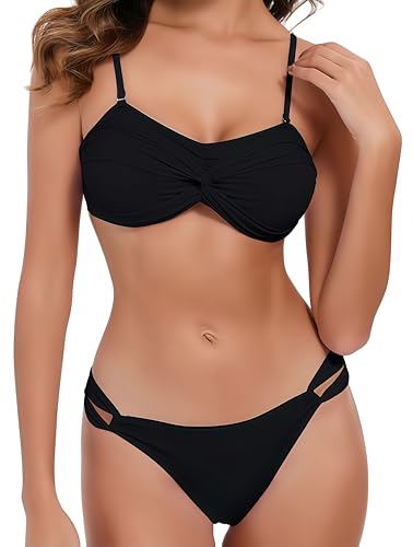 Ocean Plus Damen Neckholder Mehrfarbig Geraffte Tie Dye Bandeau Twist Bikini Set Push up mit Schnalle (M (EU 34-36), Obsidian schwarz) von Ocean Plus