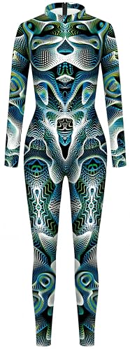 Ocean Plus Damen Overall mit Halloween Skelett Digitaldruck Outfit Engen Leggings Langarmbody Slim Fit Jumpsuit (L, Grüne Wellen) von Ocean Plus