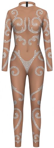 Ocean Plus Damen Overall mit Halloween Skelett Digitaldruck Outfit Engen Leggings Langarmbody Slim Fit Jumpsuit (S, Paillettenblumenmuster) von Ocean Plus