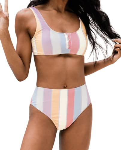 Ocean Plus Damen Padded Schnelltrocknend Einfarbiger Bademode aus Jacquardstoffe Bikini-Set mit Slip (L (EU 36-38), Regenbogenstreifen) von Ocean Plus