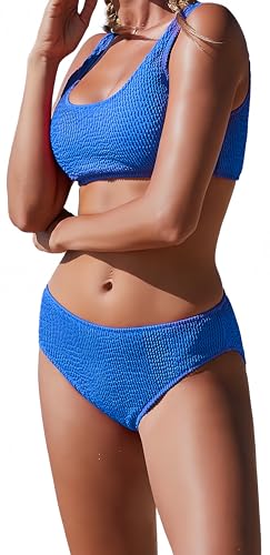 Ocean Plus Damen Padded Schnelltrocknend Einfarbiger Bademode aus Jacquardstoffe Bikini-Set mit Slip (M (EU 34-36), Blau) von Ocean Plus