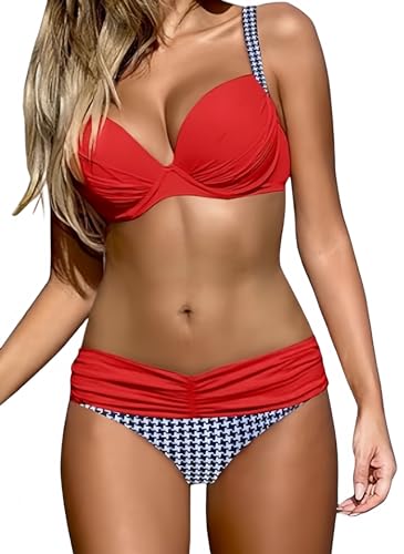 Ocean Plus Damen Regenbogen Gestreiftes Dreieck Bikini Set Push Up mit Bügel Zweiteilig Tankini Bademode (L (EU 38-40), Rotes und blaues Gitter) von Ocean Plus