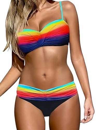 Ocean Plus Damen Regenbogen Gestreiftes Dreieck Bikini Set Push Up mit Bügel Zweiteilig Tankini Bademode (L (EU 38-40), Regenbogenfarben) von Ocean Plus