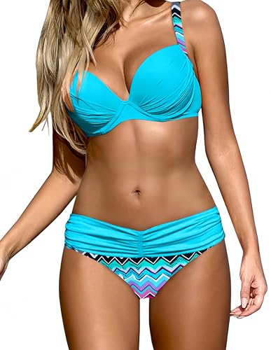 Ocean Plus Damen Gestreiftes Bikini-Set mit Brustpolster Bikinis Push Up mit Bügel Zweiteiliger Bademode (XXL (EU 42-44), Himmelblaue Geometrie) von Ocean Plus