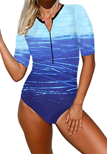 Ocean Plus Damen Reißverschluss Vorne Badeanzug Rundhalsausschnitt Kurzärmelige Einteiliger High-Waist Bademode Strand Surf Beachwear (M (EU 36-38), Blauer Farbverlauf) von Ocean Plus