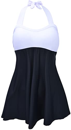 Ocean Plus Damen Retro Konservative Zweifarbiger Einteiliger Rückenfreier Badeanzug mit Neckholder-Trägern Gestreifter Hohe Taille Schnürrock (4XL (EU 44-46), Weiß) von Ocean Plus