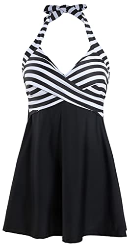 Ocean Plus Damen Retro Konservative Zweifarbiger Einteiliger Rückenfreier Badeanzug mit Neckholder-Trägern Gestreifter Hohe Taille Schnürrock (L (EU 36-38), Schwarze Streifen) von Ocean Plus