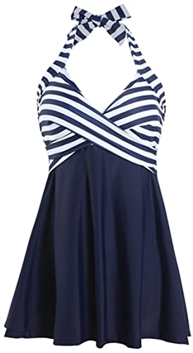 Ocean Plus Damen Retro Konservative Zweifarbiger Einteiliger Rückenfreier Badeanzug mit Neckholder-Trägern Gestreifter Hohe Taille Schnürrock (XL (EU 38-40), Blaue Streifen) von Ocean Plus