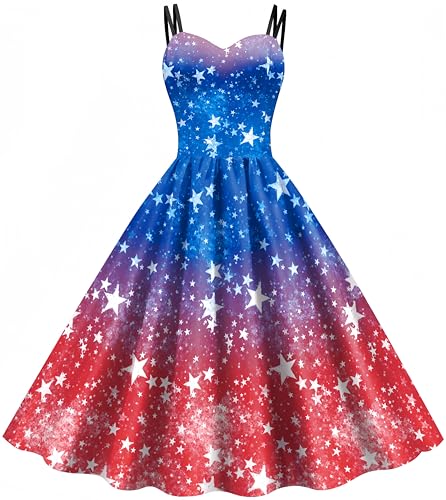 Ocean Plus Damen Rosa Kariertes Trägerkleid Schneeflocke Rock mit Hoher Taille Halloween Freizeitkleid Digitales Druckkleid (M (EU 36-38), Blaue und rote Sterne) von Ocean Plus