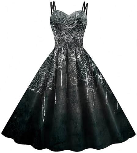 Ocean Plus Damen Rosa Kariertes Trägerkleid Schneeflocke Rock mit Hoher Taille Halloween Freizeitkleid Digitales Druckkleid (XL (EU 40-42), Spinnennetz) von Ocean Plus