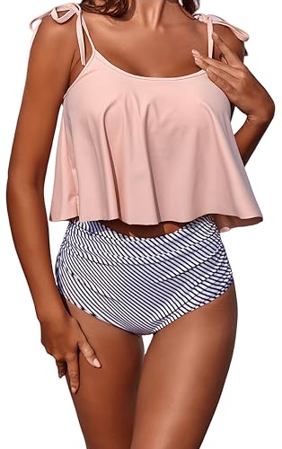 Ocean Plus Damen Rüschen Schleife Schnürung Bikini Set Bauchbedeckend High-Waist Tie-Dye-Bikini (M (EU 36-38), Rosa) von Ocean Plus