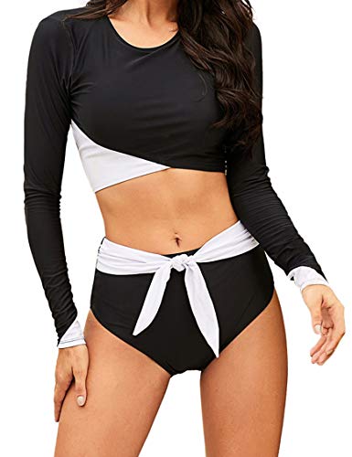 Ocean Plus Damen Rundhals Tankini mit Langen Ärmeln Konservativen Bikini-Set mit Geometrischem Aufdruck Zweiteiliger Bademode (EU 42-44 (XXL), Schwarz) von Ocean Plus