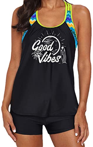 Ocean Plus Damen Rundhalsausschnitt Tankini Set Zweiteilig Bademode Shorts mit Jersey Tank Tops mit Schwarzen Hotpants (L (EU 38-40), Surfen) von Ocean Plus
