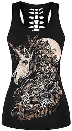 Ocean Plus Damen Schädel Sport Tops Gothic Tank Top Ärmellos Workout Weste Criss Cross Hemd Halloween Schnelltrocknendes Laufshirt (3XL (Brustumfang: 110 cm), Einhorn Schädel 2) von Ocean Plus