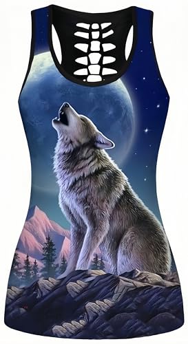 Ocean Plus Damen Schädel Sport Tops Gothic Tank Top Ärmellos Workout Weste Criss Cross Hemd Halloween Schnelltrocknendes Laufshirt (3XL (Brustumfang: 110 cm), Heulender Wolf) von Ocean Plus