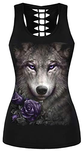 Ocean Plus Damen Schädel Sport Tops Gothic Tank Top Ärmellos Workout Weste Criss Cross Hemd Halloween Schnelltrocknendes Laufshirt (L/XL (Brustumfang: 74-92 cm), Lila Augen Wolf) von Ocean Plus