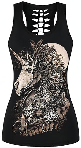 Ocean Plus Damen Schädel Sport Tops Gothic Tank Top Ärmellos Workout Weste Criss Cross Hemd Halloween Schnelltrocknendes Laufshirt (L (Brustumfang: 92 cm), Einhorn Schädel 2) von Ocean Plus
