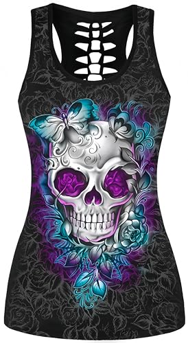 Ocean Plus Damen Schädel Sport Tops Gothic Tank Top Ärmellos Workout Weste Criss Cross Hemd Halloween Schnelltrocknendes Laufshirt (L (Brustumfang: 92 cm), Lilaäugiger weißer Schädel) von Ocean Plus