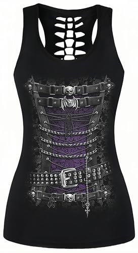 Ocean Plus Damen Schädel Sport Tops Gothic Tank Top Ärmellos Workout Weste Criss Cross Hemd Halloween Schnelltrocknendes Laufshirt (L (Brustumfang: 92 cm), Punk Korsett) von Ocean Plus