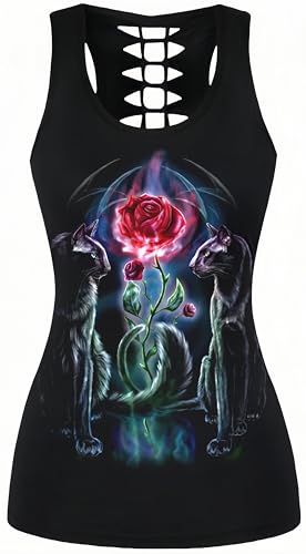 Ocean Plus Damen Schädel Sport Tops Gothic Tank Top Ärmellos Workout Weste Criss Cross Hemd Halloween Schnelltrocknendes Laufshirt (L (Brustumfang: 92 cm), Tiere und rote Rose) von Ocean Plus