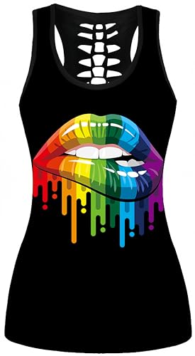 Ocean Plus Damen Schädel Sport Tops Gothic Tank Top Ärmellos Workout Weste Criss Cross Hemd Halloween Schnelltrocknendes Laufshirt (M (Brustumfang: 86 cm), Regenbogen-Lippen) von Ocean Plus