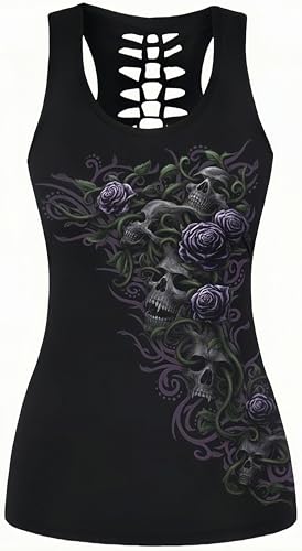 Ocean Plus Damen Schädel Sport Tops Gothic Tank Top Ärmellos Workout Weste Criss Cross Hemd Halloween Schnelltrocknendes Laufshirt (XL (Brustumfang: 98 cm), Lila Rosenbusch) von Ocean Plus