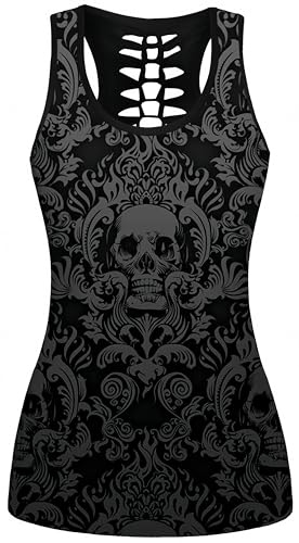 Ocean Plus Damen Schädel Sport Tops Gothic Tank Top Ärmellos Workout Weste Criss Cross Hemd Halloween Schnelltrocknendes Laufshirt (XXL (Brustumfang: 104 cm), Blumenförmiger dunkler Totenkopf) von Ocean Plus