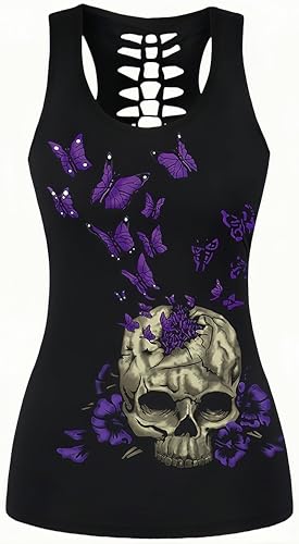 Ocean Plus Damen Schädel Sport Tops Gothic Tank Top Ärmellos Workout Weste Criss Cross Hemd Halloween Schnelltrocknendes Laufshirt (XXL (Brustumfang: 104 cm), Lila Schmetterling Schädel) von Ocean Plus