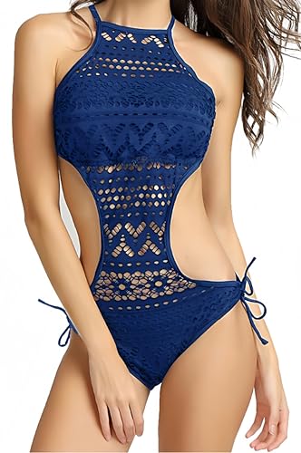 Ocean Plus Damen Schwarz Hochgeschlossen Badeanzug Neckholder Spitze One Piece Cut Out Padded (XL/38, Saphirblau) von Ocean Plus