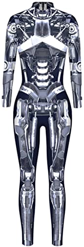 Ocean Plus Damen Slim Fit Maschinenrüstung Halloween Jumpsuit Bodysuit mit Skelett Digitaldruck Schmaler Langarm Overall (M, Silberner Mech) von Ocean Plus