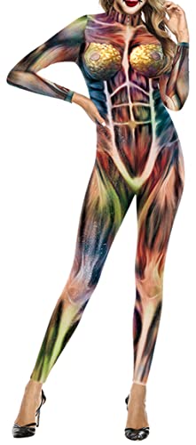 Ocean Plus Damen Slim Fit Maschinenrüstung Halloween Jumpsuit Bodysuit mit Skelett Digitaldruck Schmaler Langarm Overall (XL, Farbige Muskeln) von Ocean Plus