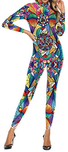 Ocean Plus Damen Slim Fit Maschinenrüstung Halloween Jumpsuit Bodysuit mit Skelett Digitaldruck Schmaler Langarm Overall (XL, Farbige geometrische Formen) von Ocean Plus