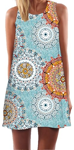 Ocean Plus Damen Sommer Ärmellos Bunt Tops Kleider Pfau Blumen Strandkleider Eule Kurz A Linie Kleid Cover Up (L (EU 38-40), Blaues Blumenrad) von Ocean Plus