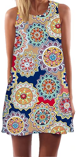 Ocean Plus Damen Sommer Ärmellos Bunt Tops Kleider Pfau Blumen Strandkleider Eule Kurz A Linie Kleid Cover Up (L (EU 38-40), Bunt Blumenrad) von Ocean Plus