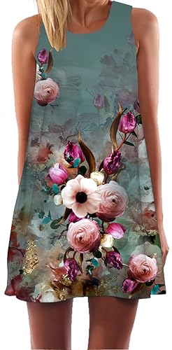 Ocean Plus Damen Sommer Ärmellos Bunt Tops Kleider Pfau Blumen Strandkleider Eule Kurz A Linie Kleid Cover Up (L (EU 38-40), Ölgemälde Blumen) von Ocean Plus