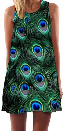 Ocean Plus Damen Sommer Ärmellos Bunt Tops Kleider Pfau Blumen Strandkleider Eule Kurz A Linie Kleid Cover Up (L (EU 38-40), Pfau) von Ocean Plus