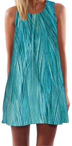 Ocean Plus Damen Sommer Ärmellos Bunt Tops Kleider Pfau Blumen Strandkleider Eule Kurz A Linie Kleid Cover Up (L (EU 38-40), Türkisfarbene Federn) von Ocean Plus