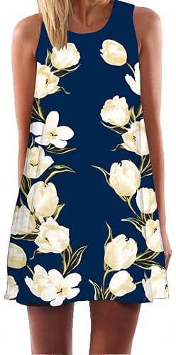 Ocean Plus Damen Sommer Ärmellos Bunt Tops Kleider Pfau Blumen Strandkleider Eule Kurz A Linie Kleid Cover Up (L (EU 38-40), Weiße Rosen) von Ocean Plus