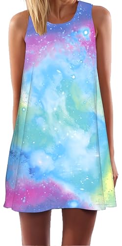 Ocean Plus Damen Sommer Ärmellos Bunt Tops Kleider Pfau Blumen Strandkleider Eule Kurz A Linie Kleid Cover Up (XL (EU 40-42), Bunter Sternenhimmel) von Ocean Plus