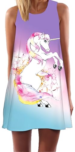 Ocean Plus Damen Sommer Ärmellos Bunt Tops Kleider Pfau Blumen Strandkleider Eule Kurz A Linie Kleid Cover Up (XXL (EU 42-44), Glitzer Einhorn) von Ocean Plus