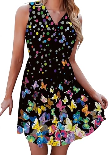 Ocean Plus Damen Sommer Ärmelloses Kleid mit V-Ausschnitt und Digitaldruck Tailliert Minikleid (XXL (EU 42-44), Bunte Punkte und Schmetterlinge) von Ocean Plus