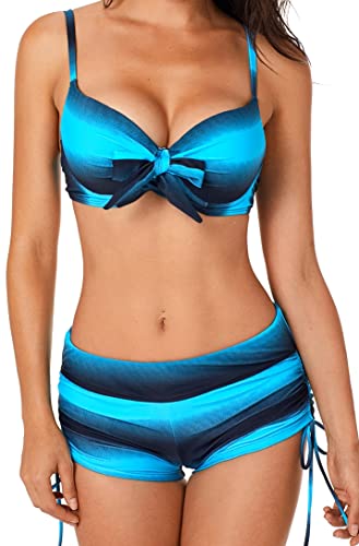 Ocean Plus Damen Sommer Mehrfarbig Geraffte Tie Dye Bandeau Twist Bikini Set Push up mit Bügel Beachwear (L (EU 36-38), Blaue Streifen) von Ocean Plus