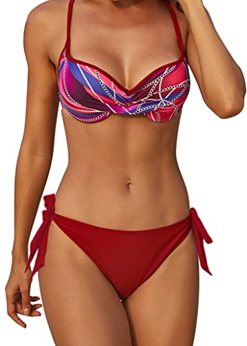 Ocean Plus Damen Sommer Mehrfarbig Geraffte Tie Dye Bandeau Twist Bikini Set Push up mit Bügel Beachwear (L (EU 36-38), Scharlachrot) von Ocean Plus